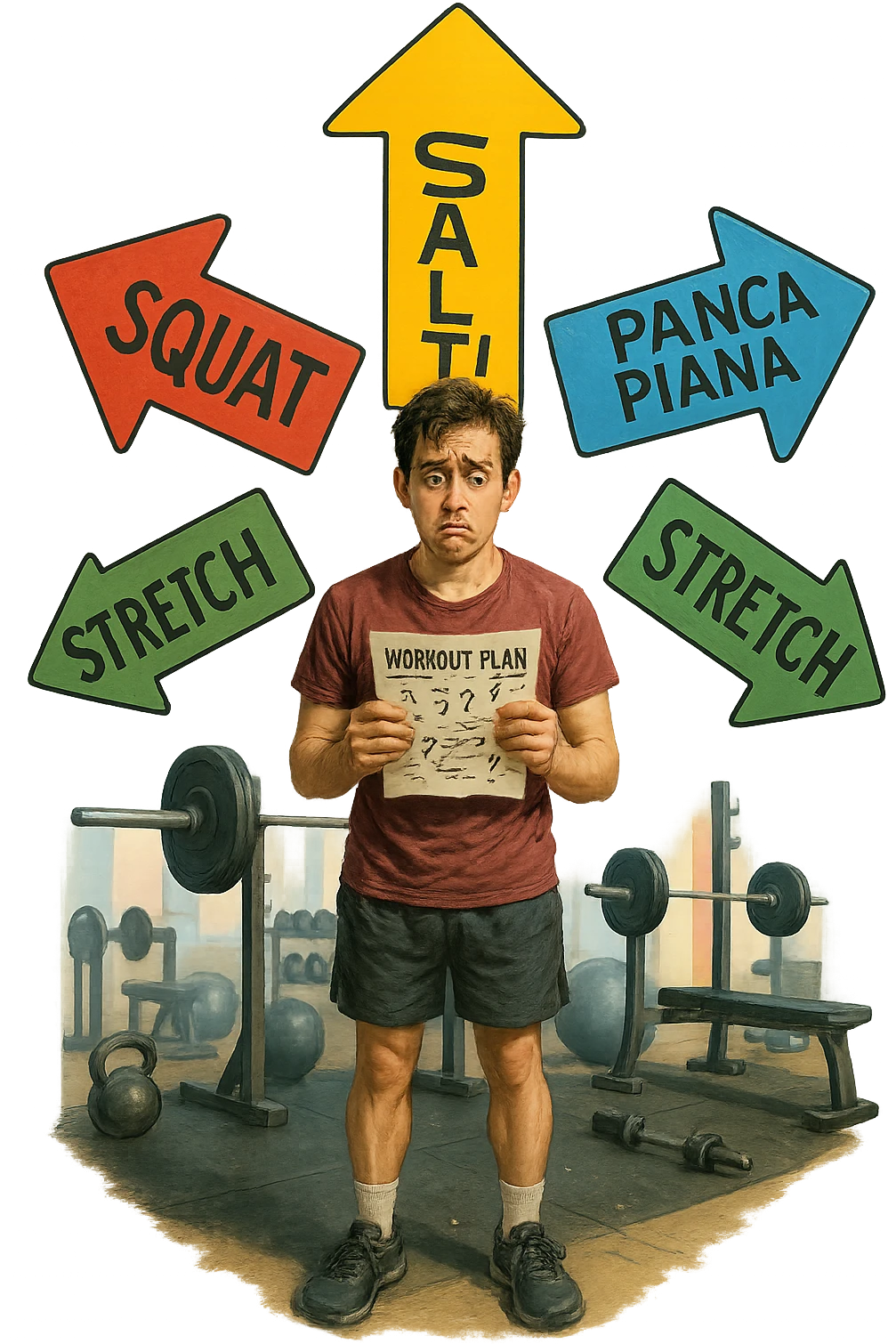 a person stands in the center of a gym, surrounded by arrows pointing in all directions, each labeled with a different exercise (e.g., “squat,” “Salti,” “stretch,” “Panca Piana”). The person looks bewildered, holding a workout plan with scribbles and question marks. The scene is colorful but visually messy, symbolizing confusion. in italiano immagine iperrealistica emoji