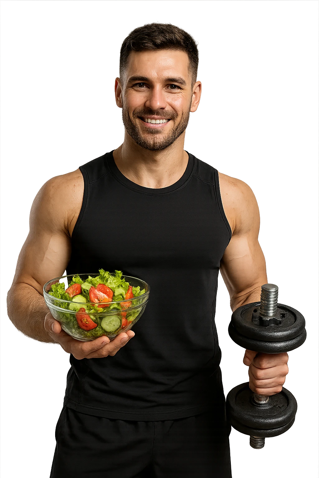 uomo fitness che fa ha un insalata nella mano destra e un manubrio da palestra nella mano sinistra emoji