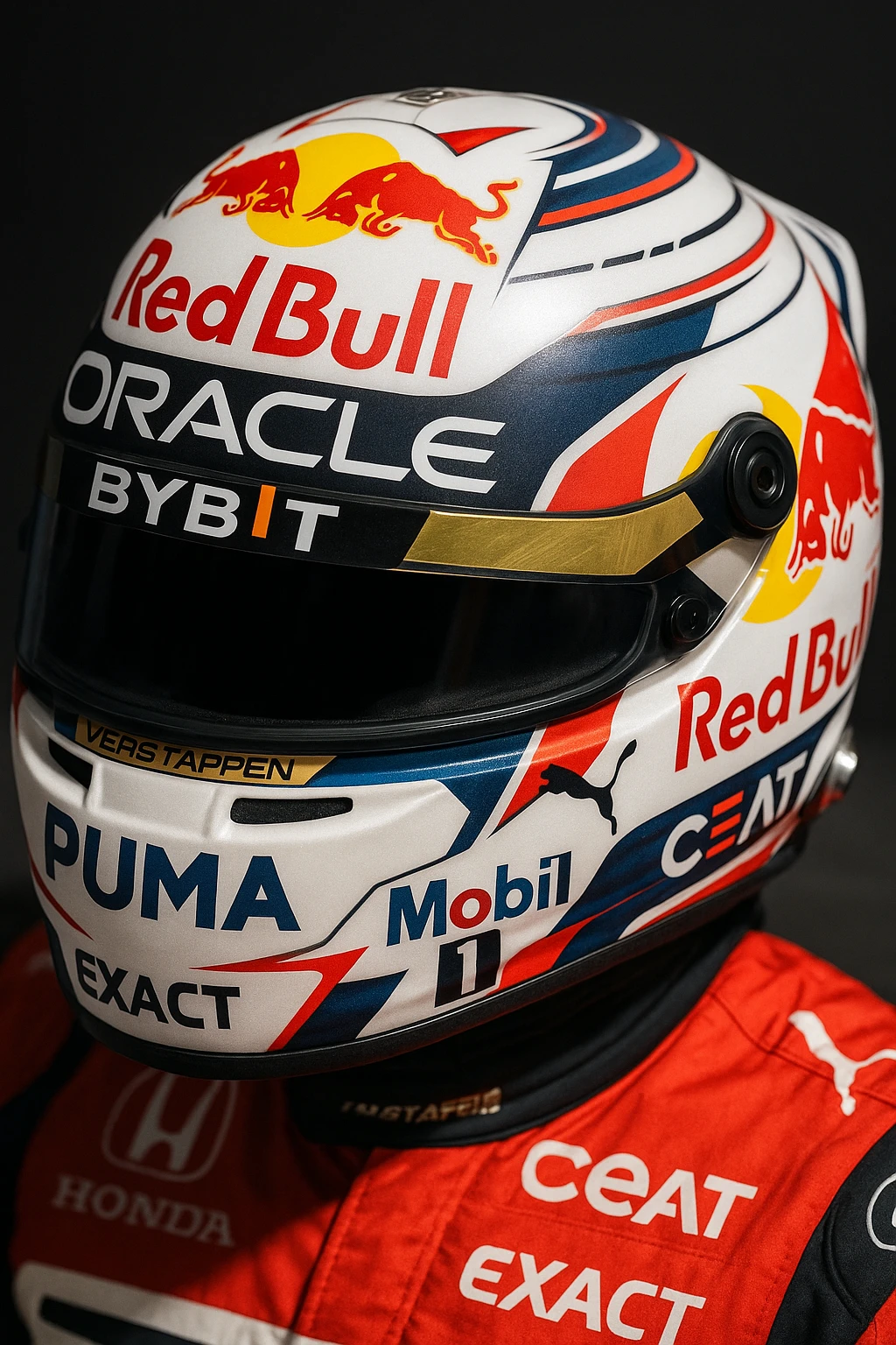 Max Verstappen's Formula 1 helmet, featuring all official sponsors and accurate colors, detailed and realistic, racing style, professional motorsport design, highly detailed, authentic color palette, all sponsor logos visible, dynamic and realistic. emoji