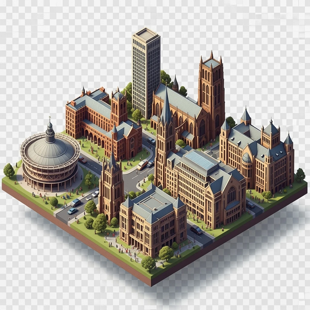 Isometric illustration-model of Birmingham with photorealistic main attractions, balanced between stylized and realistic, 3D miniature effect, transparent background. emoji