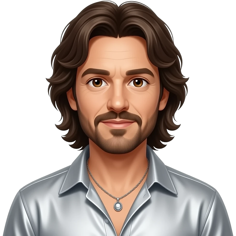 Barry Gibb from Bee Gees with brown eyes, long dark brown hair and short beard, silver metallic open shirt, necklace emoji