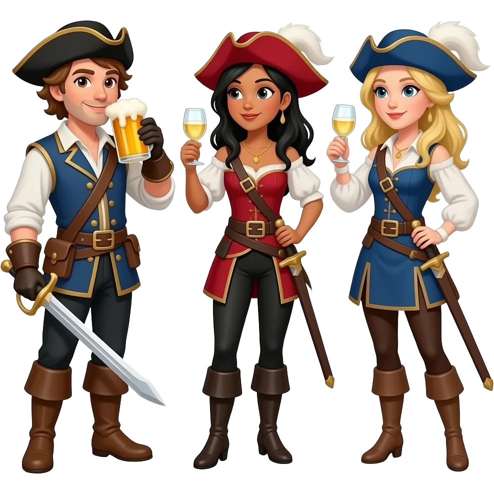 Three musketeers with swords and hats. One guy with brown hair and brown eyes, one girl with black hair and tanned skin and one girl with blond hair. You have to see them in full, the guy is drinking beer and the girls white wine. They toast. emoji