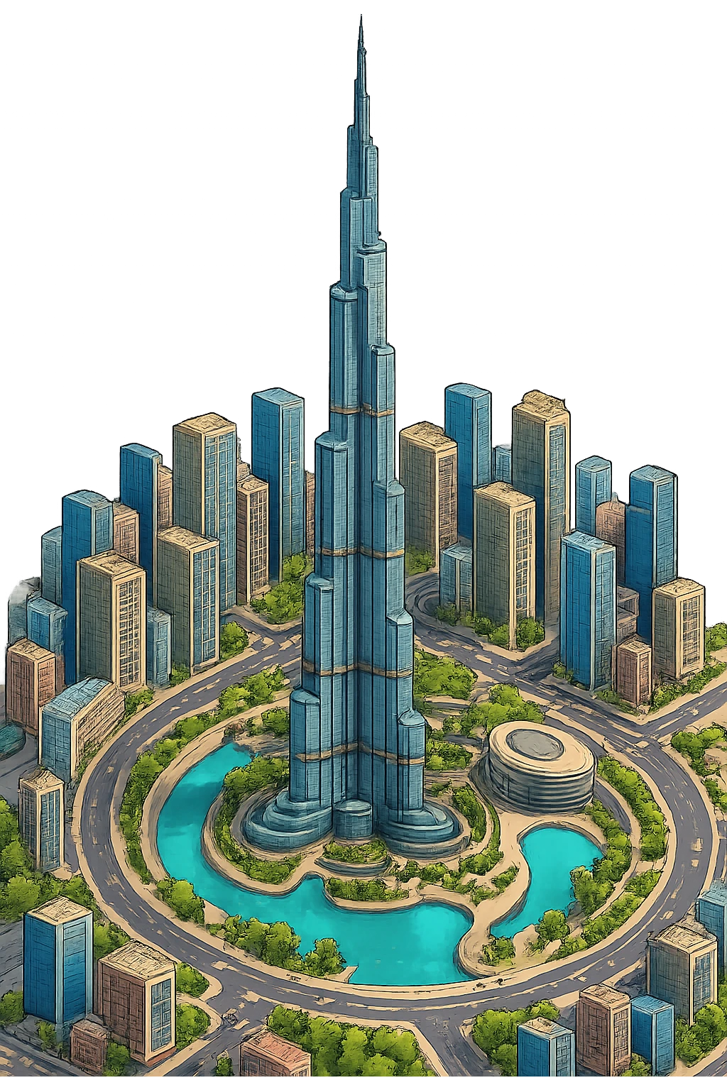 Изометричная, яркая, детализированная и фотореалистичная иллюстрация Burj Khalifa в стиле 3D-коллажей городов, насыщенные цвета, аккуратные и чёткие линии, мультяшно-реалистичная стилистика. Чёткие контуры, не размазанные линии, высокое качество, прозрачный фон, не обрезать края картинки emoji