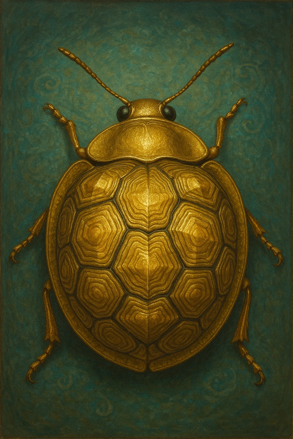 Golden Tortoise Beetle with a tortoise shell-like carapace, unique and surreal art style, intricate details, vibrant gold hues, surreal and imaginative design emoji