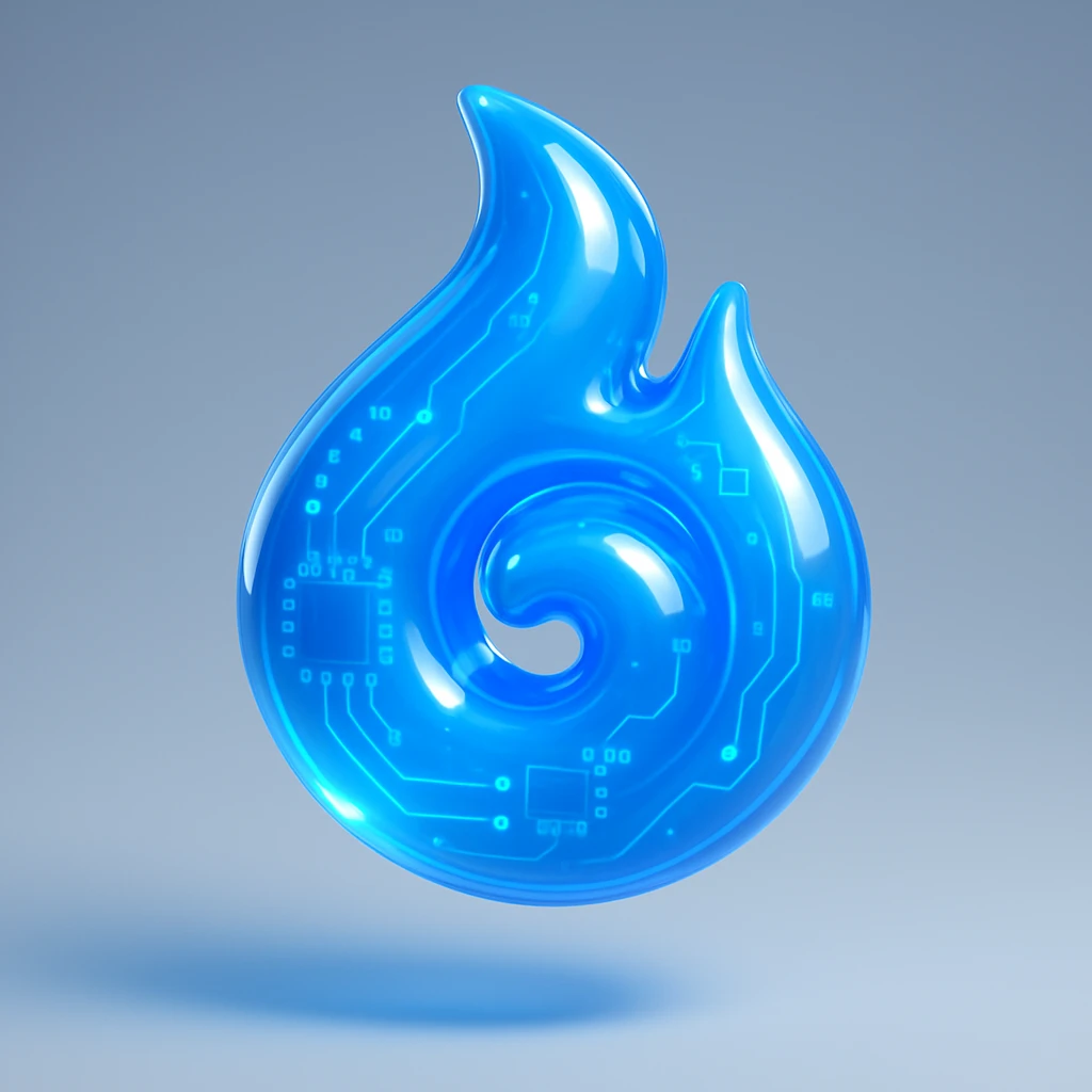 a blue flame spiraling emoji in a glowing, glossy circuit style design emoji