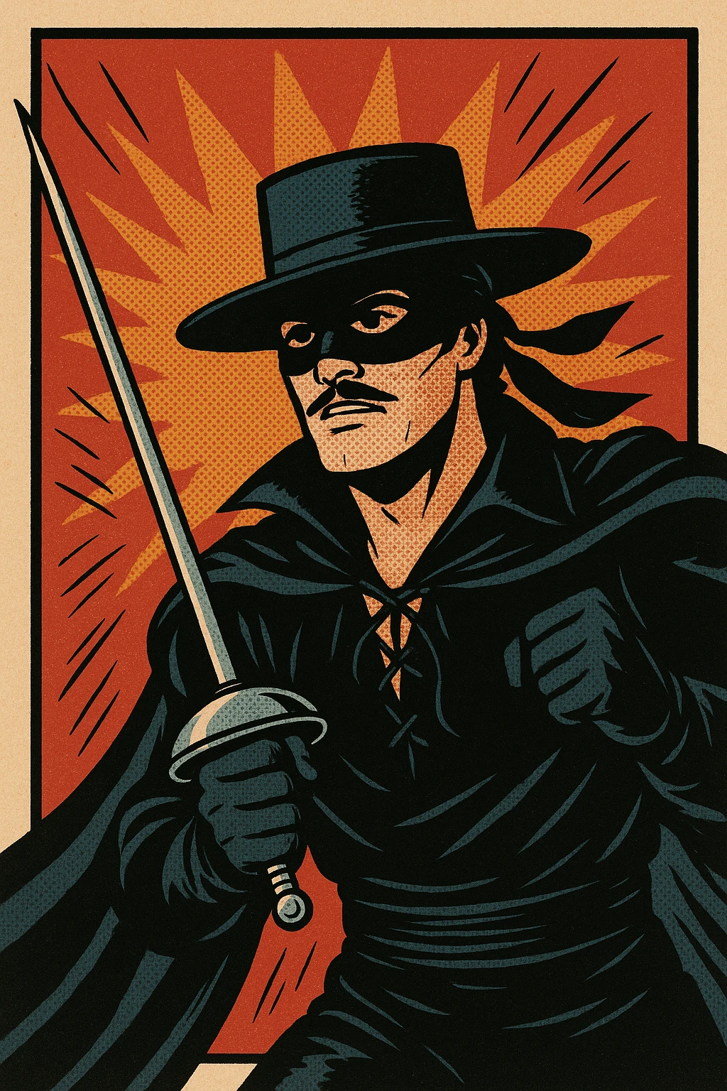 Zorro, masked hero with a sword, in a dramatic pose, classic comic book style emoji