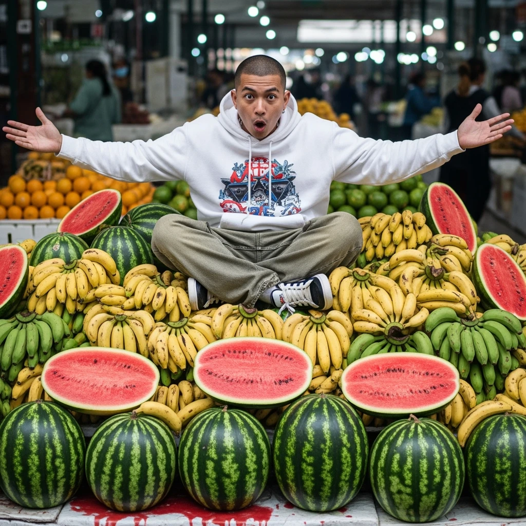kai cenat on a pile of bananas and watermelons emoji
