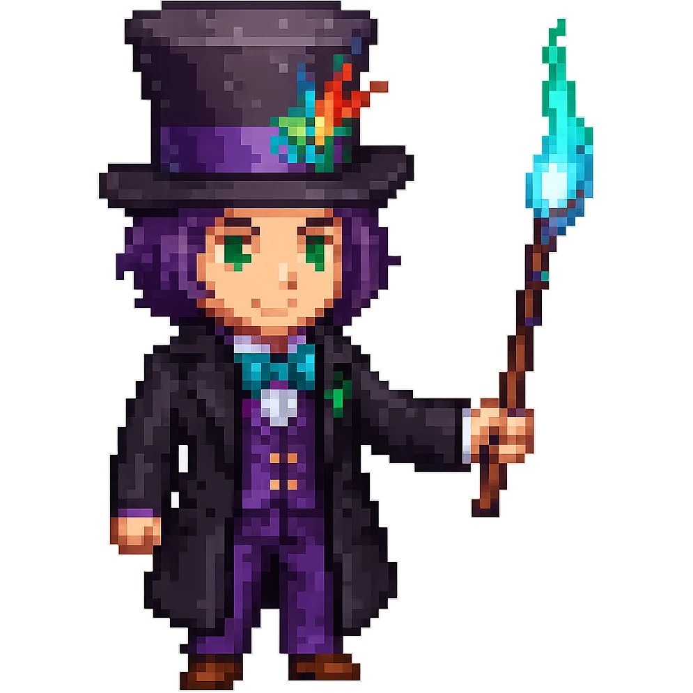 Add a waist length black coat to the street magician in pixel art style, preserving the pixel art aesthetic and details. emoji