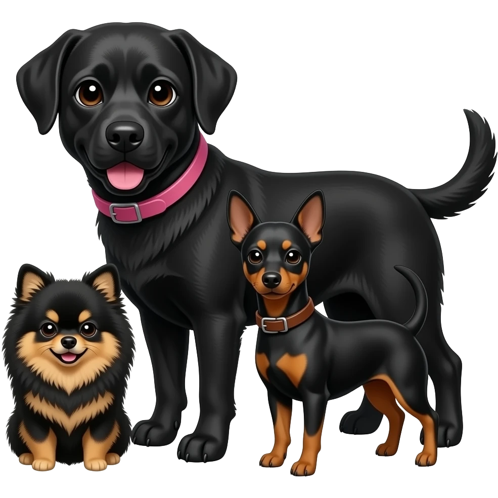 Large older black lab with pink collar and small black and tan pomeranian together with TWO black and tan miniature pinchers that are 3 inches taller than the pom with brown collars emoji