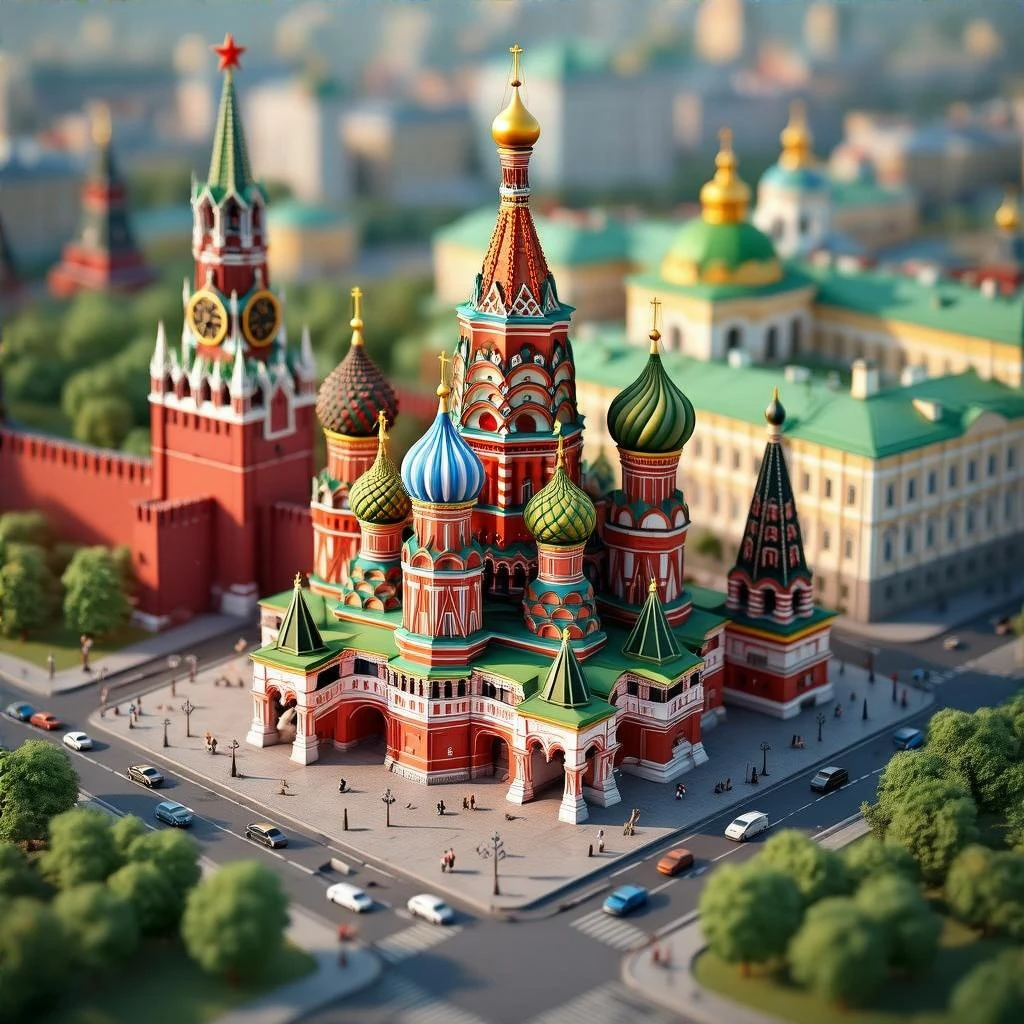 Изометричный миниатюрный 3D-город с узнаваемыми достопримечательностями Москвы - Кремль, собор Василия Блаженного, Сити,  аккуратная детализация, мультяшный реализм, компактная композиция,  вид сверху в изометрии emoji
