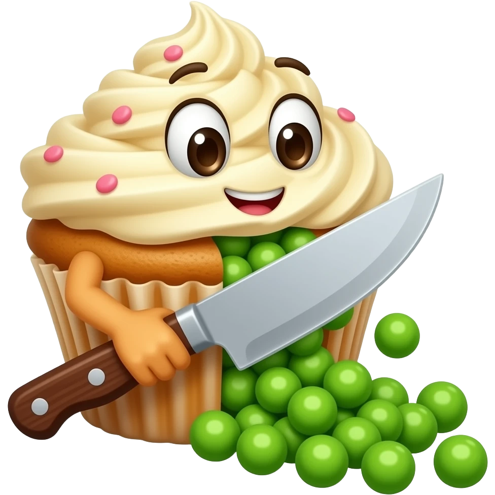 a personified cupcake that cuts itself with a knife and there are peas spilling out of it emoji