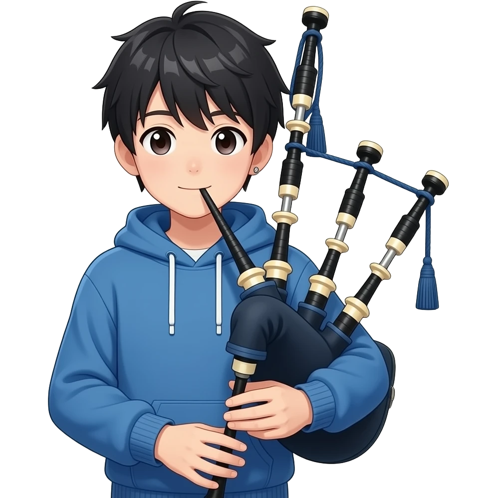 anime boy with blue kint and hoodie and earring and bagpipes emoji