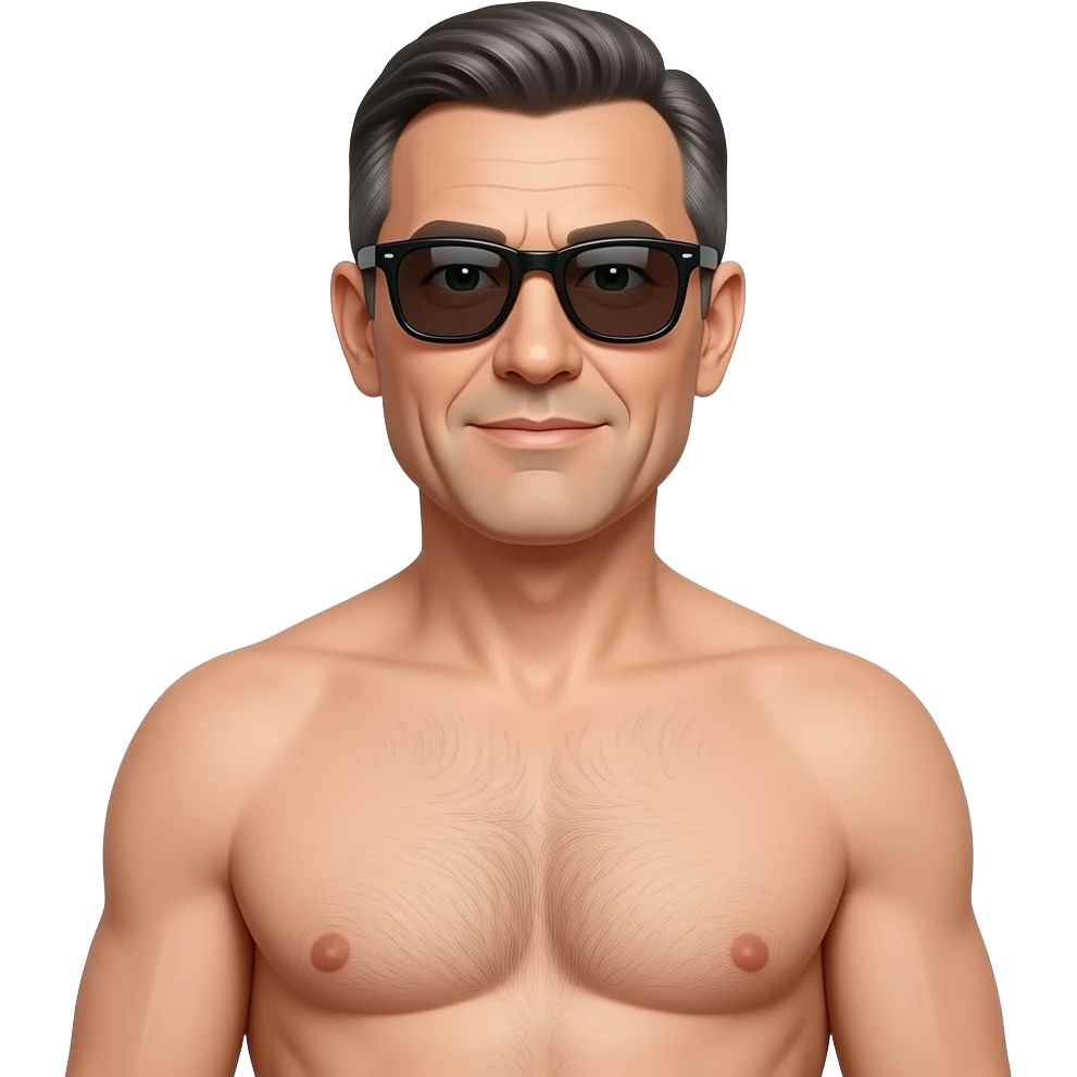 A guy, wearing sunglasses, 50 year old, full length, naked. emoji