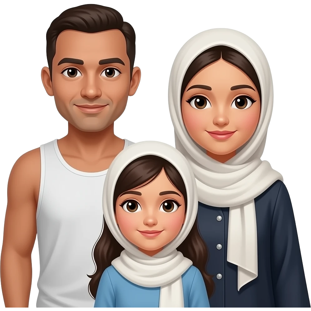 family the dad with short bald hair and tube  and me is a girl with a hijab and my mom have a abayah emoji