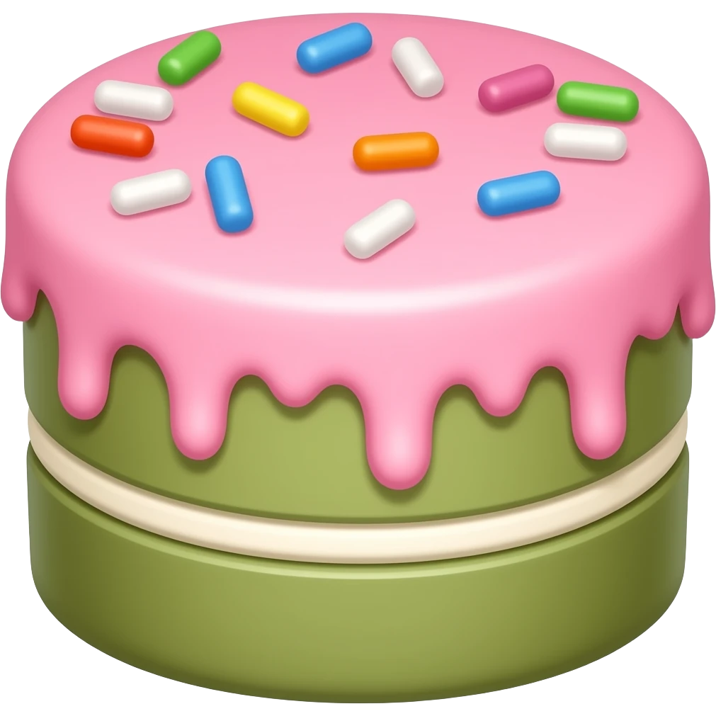 Matcha chocolate cake with pink icing and rainbow sprinkles emoji