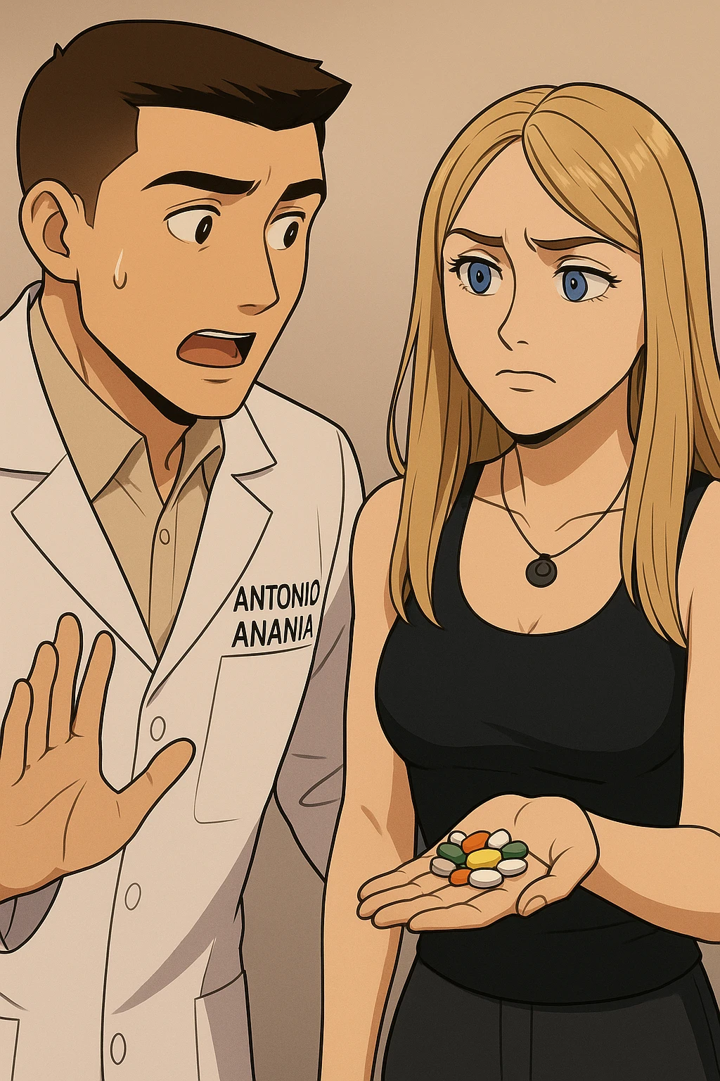 fai un webtoon/manga a colori con questo kinesiologo in camice bianco (fagli la scritta "ANTONIO ANANIA" SUL CAMICE) CHE PARLA CON QUESTA RAGAZZA CON GLI OCCHI AZZURRI. LA RAGAZZA HA UN PUGNO DI INTEGRATORI IN MANO (TANTE PILLOLE DIVERSE) E LE GUARDA DUBBIOSA. IL KINESIOLOGO CON IL CAMICE BIANCO LE DOMANDA UNA COSA SCIOCCATO. NON FARE I FUMETTI, FAI SOLO LORO COME SE DIALOGASSERO emoji