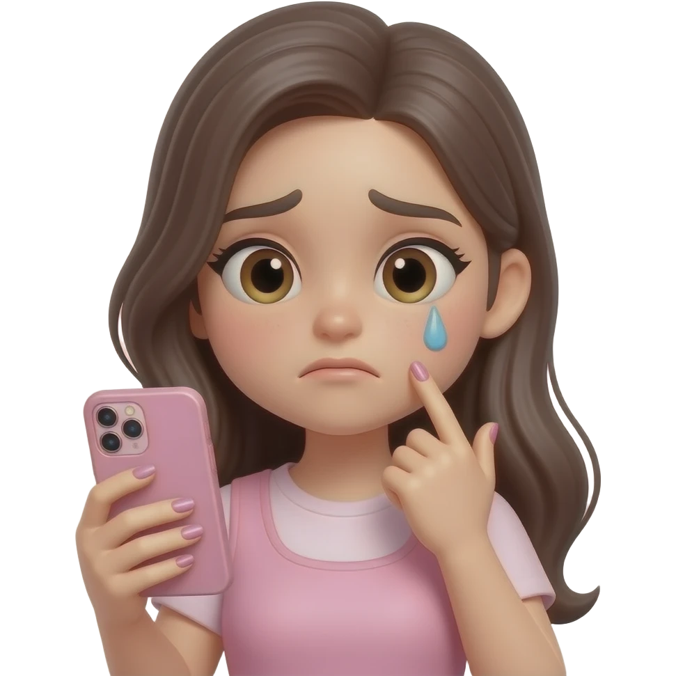 aesthetic emoji girl, slightly stressed expression, holding a smartphone in one hand, distracted, trendy nail art, soft pink and nude tones, clean background, soft lighting, girly aesthetic, 3D emoji style, high detail emoji