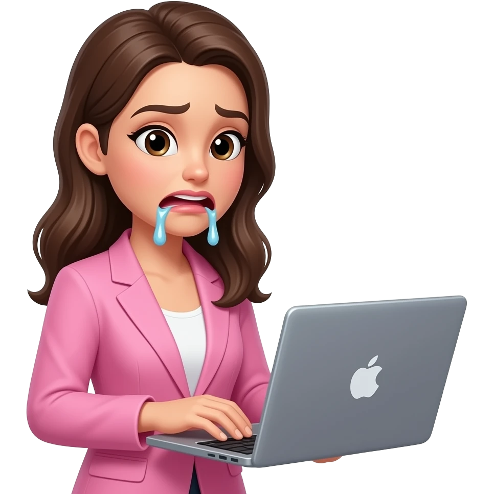 brunette woman wearing pink blazer working on laptop making a vomit face emoji
