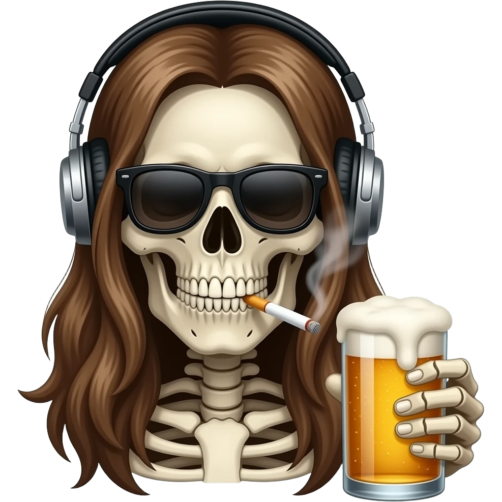 Skull with long hair and headphones and sunglasses smoking a cigarette and drinking a beer emoji