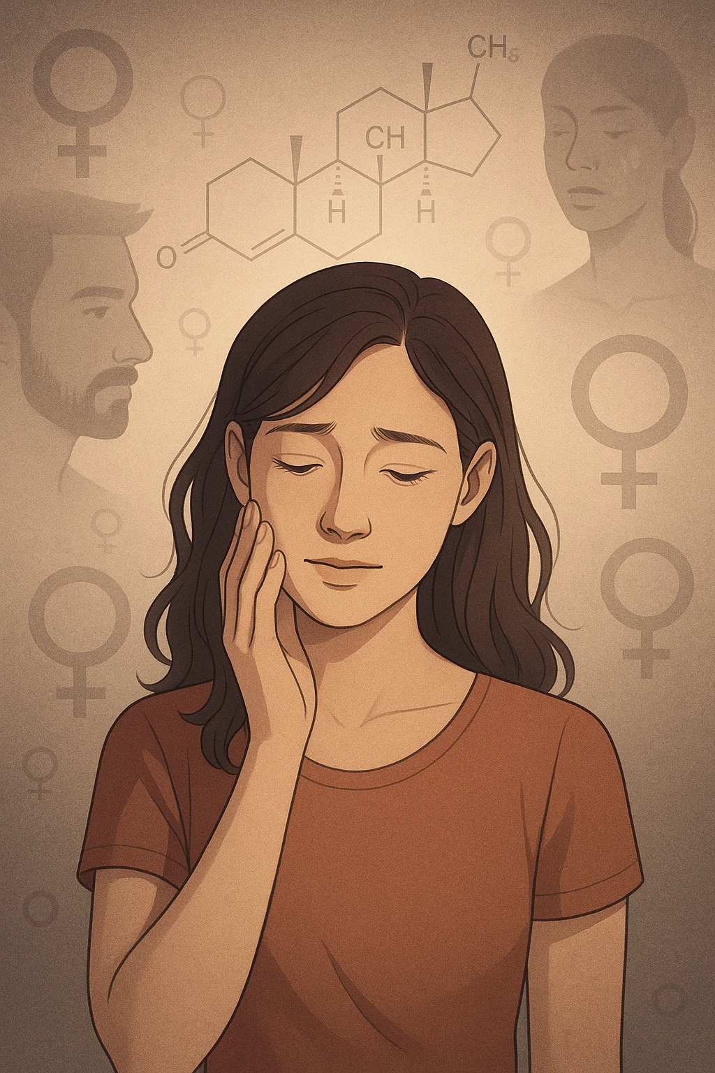 A young woman is surrounded by faint overlays of hormonal symbols and androgen molecules, with shadowy images of acne, facial hair, and oily skin projected around her, symbolizing the symptoms of PCOS with androgen excess. She looks down, gently touching her face with a resigned but hopeful expression, symbolizing her journey toward managing these symptoms. emoji