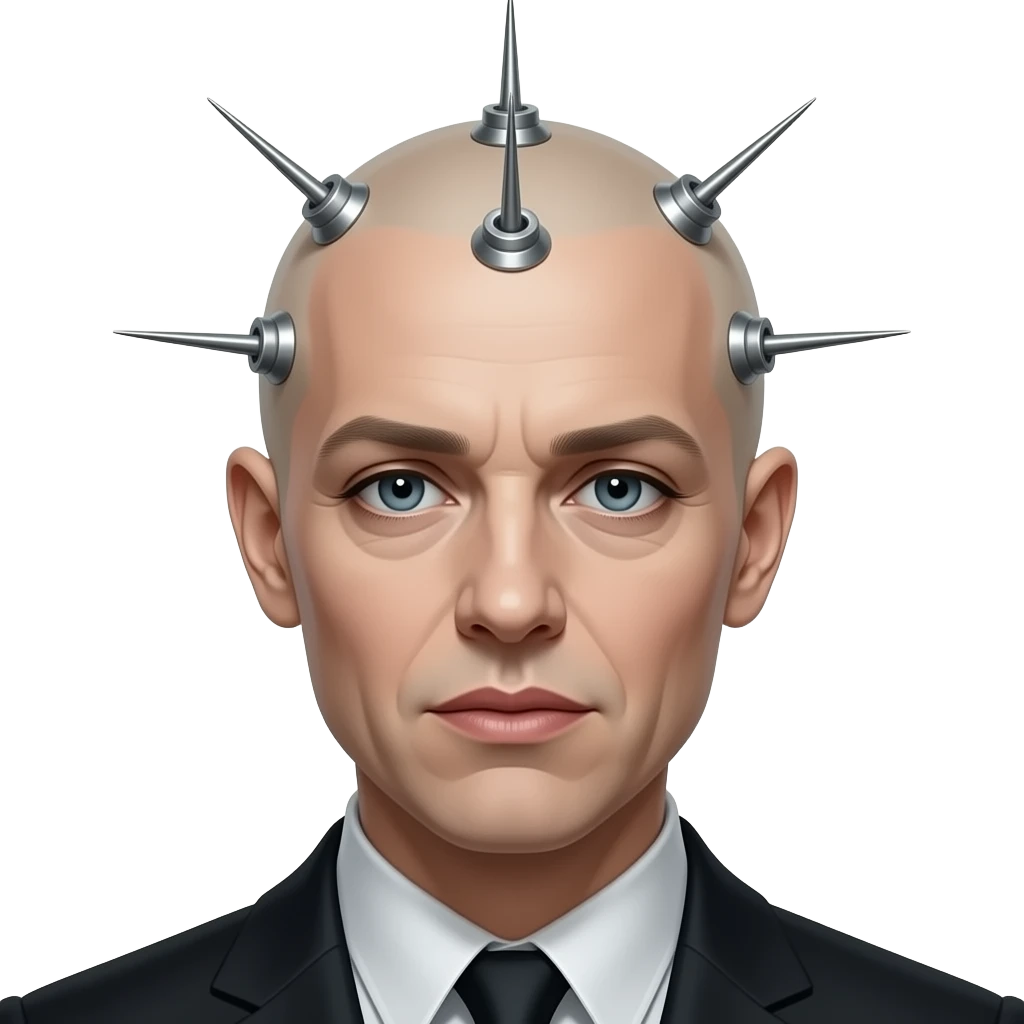 portrait of singer Debbie Harry shown balding in the style of HR Giger paintings, as on the cover of the album "Koo Koo", her head pierced with four large futuristic needles emoji