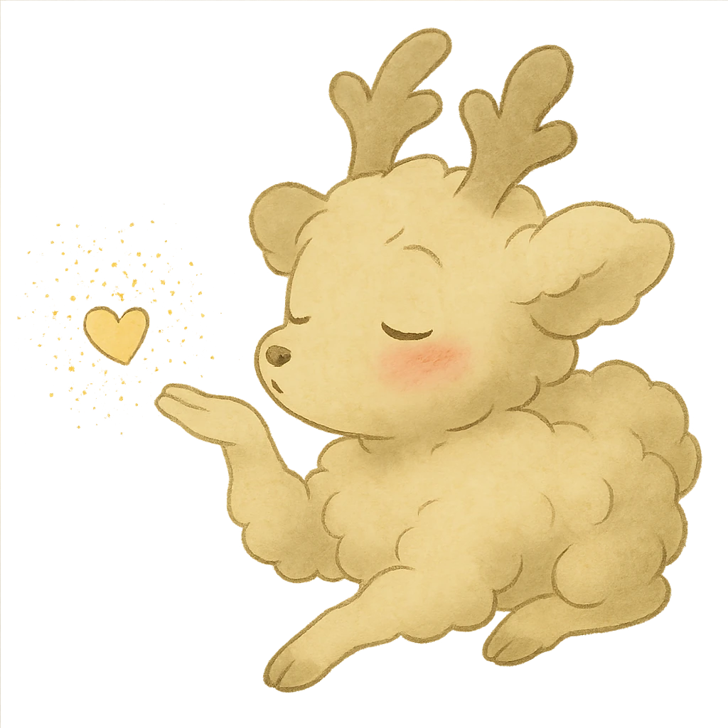 Make the vanilla-colored cloud doe appear to be sleeping, with rosy cheeks, blowing a kiss with sparkles, soft Ghibli style, with no background. emoji