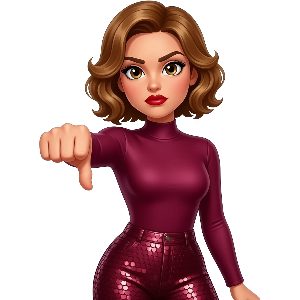 glamours,-tanned,-very-beautiful-woman-with-big-plump-red-lips,-long-lashes,-honey-silky-very short- hair,-wavy-hair,-hazel-eyes- wearing-Burgundy-Long-sleeved-bodysuit-Burgundy- sequinned-pants-Her-eyes-sparkle-and-she-is-frowning.-Hand-up-with-thumb-down. emoji