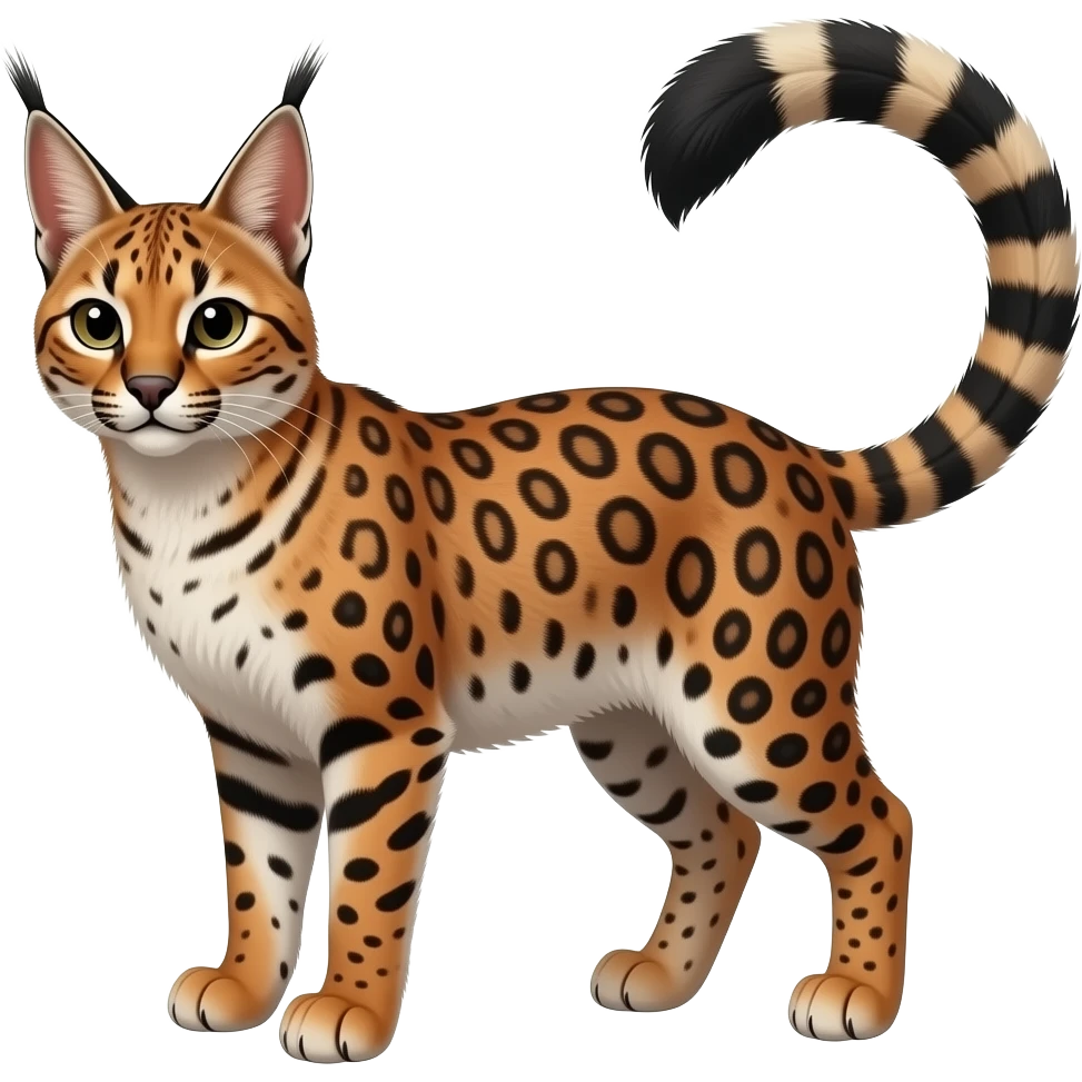realistic elegant lanky scaly feathery reddish, bronze, beige, white brown, black, caracal-civet-snow-leopard-bobcat-genet-animal-Fakémon-hybrid, long thin tufted tail emoji