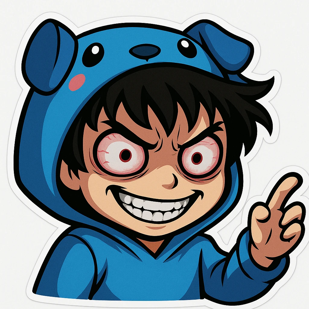 Edit the boy's face to have a scary, wide-eyed expression with a sinister grin, keeping the original cartoon style and quality consistent with chibi stickers style. emoji