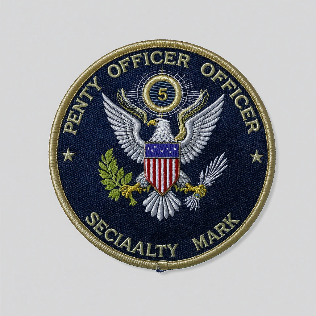 U.S. Navy Petty Officer Second Class (E-5) insignia, realistic style, silver eagle perched above two red chevrons, with specialty mark, no background, transparent background requested but opaque used as default for style. emoji