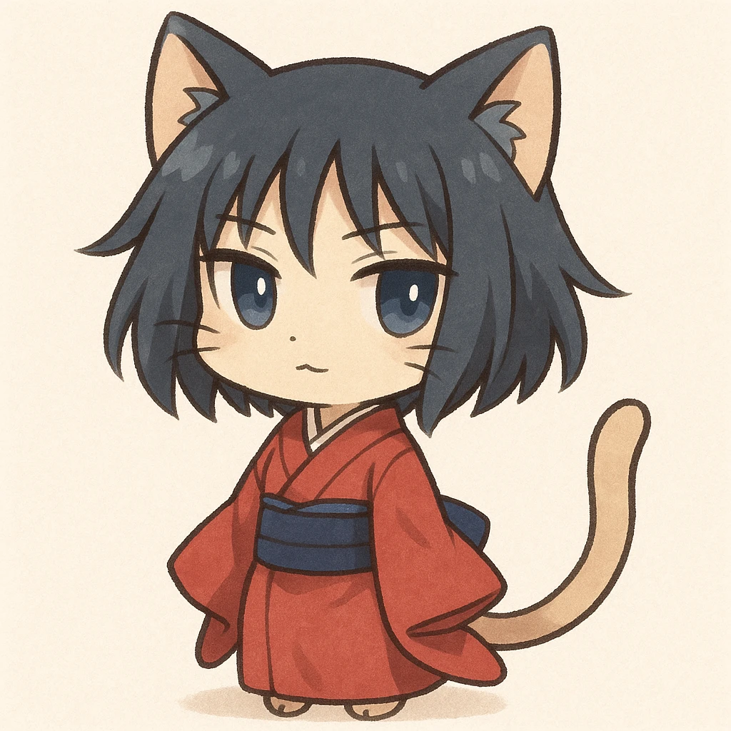 Ryougi Shiki as a chibi cat, with her signature kimono and short hair, looking mysterious and adorable emoji