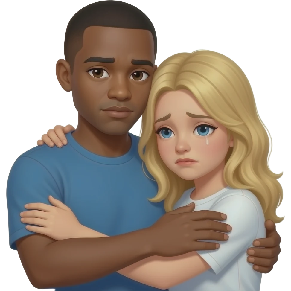 Black man with shaved head hugging his sad blonde girlfriend emoji