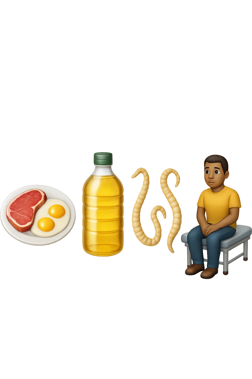 emoji stile iphone di UN PIATTO CON CARNE ROSSA E UOVA, UNA BOTTIGLIA DI OLIO DI SEMI, DUE PARASSITI TIPO LA TENIA, UOMO SEDUTO SU UN LETTINO DA FISIOTERAPISTA, IPERREALISTICO 4K emoji