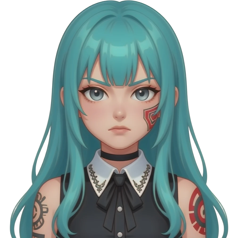 anime girl, scowl,red faced ,face tattoos, long flowing teal hair, grey eyes, black shoulder cyberpunk blouse with fancy white collar emoji