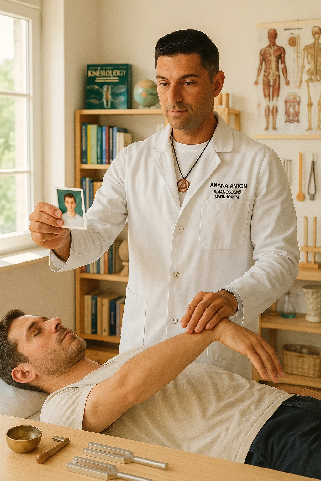 a middle-aged man, dressed in casual professional attire, is in a bright, organized therapy studio. Durante una visita di kinesiologia, il ragazzo tiene con una mano la foto di una persona lontana (il “testimone”) tiene la foto in mano, mentre con l’altra mano esegue un test muscolare su un cliente presente. Sullo sfondo si vedono libri di kinesiologia, poster anatomici e strumenti tipici della disciplina. L’atmosfera è concentrata e serena, con luce naturale che entra dalla finestra, sottolineando l’aspetto alternativo e umano della pratica. emoji