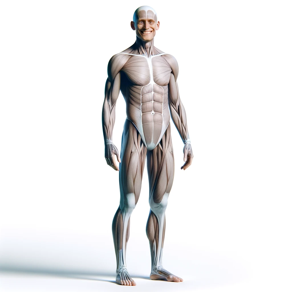 corpo umano anatomico a figura intera che sorride rilassato, iperrealistico 4k, isolato su sfondo bianco emoji