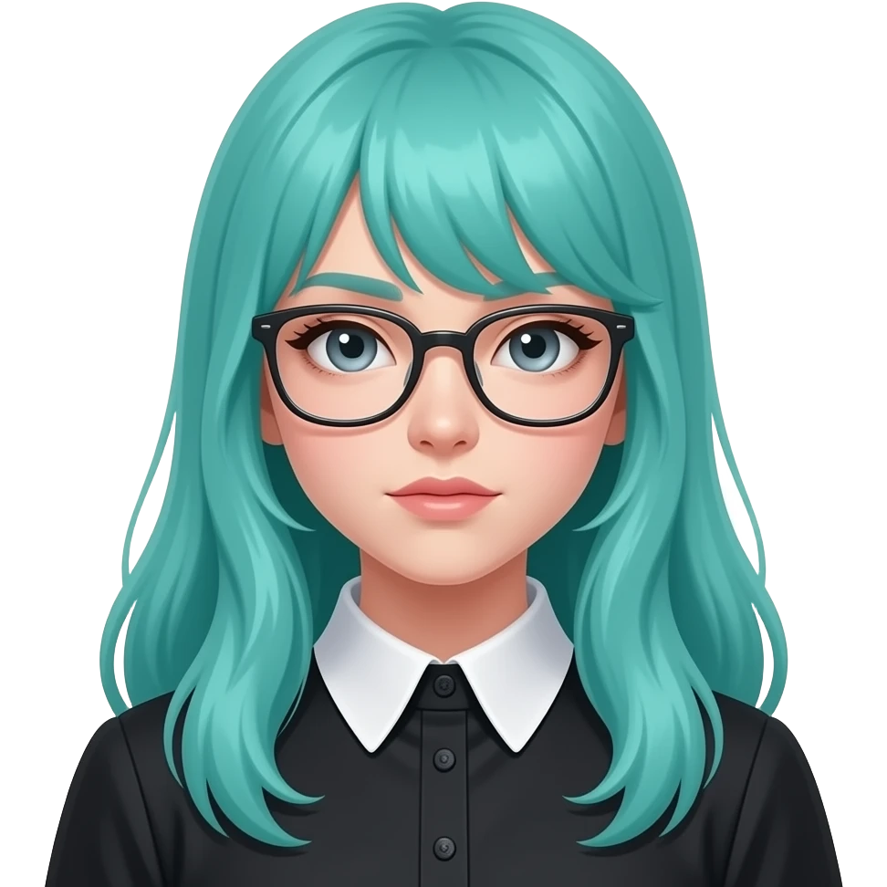 girl, thinking, concentrating, glasses, long flowing teal hair, grey eyes, black shoulder cyberpunk blouse with fancy white collar emoji