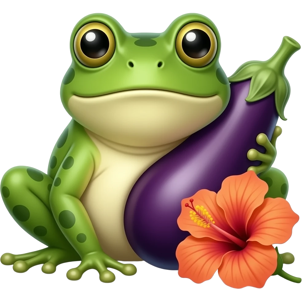 A frog with a big eggplant at the spot of penis and an hibiscus near the tip of eggplant emoji