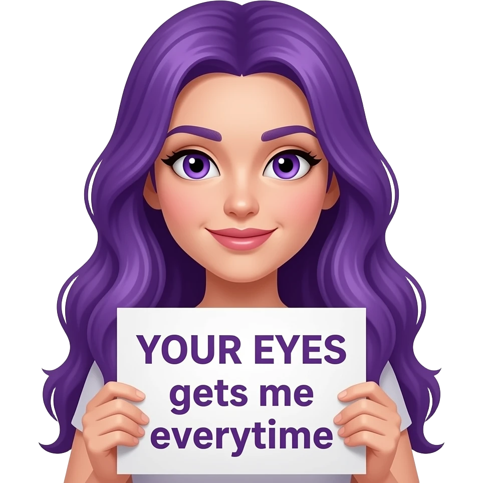sexy girl with long purple hair and purple eyes holding a YOUR EYES gets me everytime sign emoji