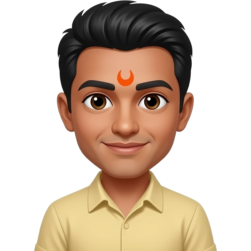 On forehead a U shape orange tikka and a small round red colour dot between the u emoji