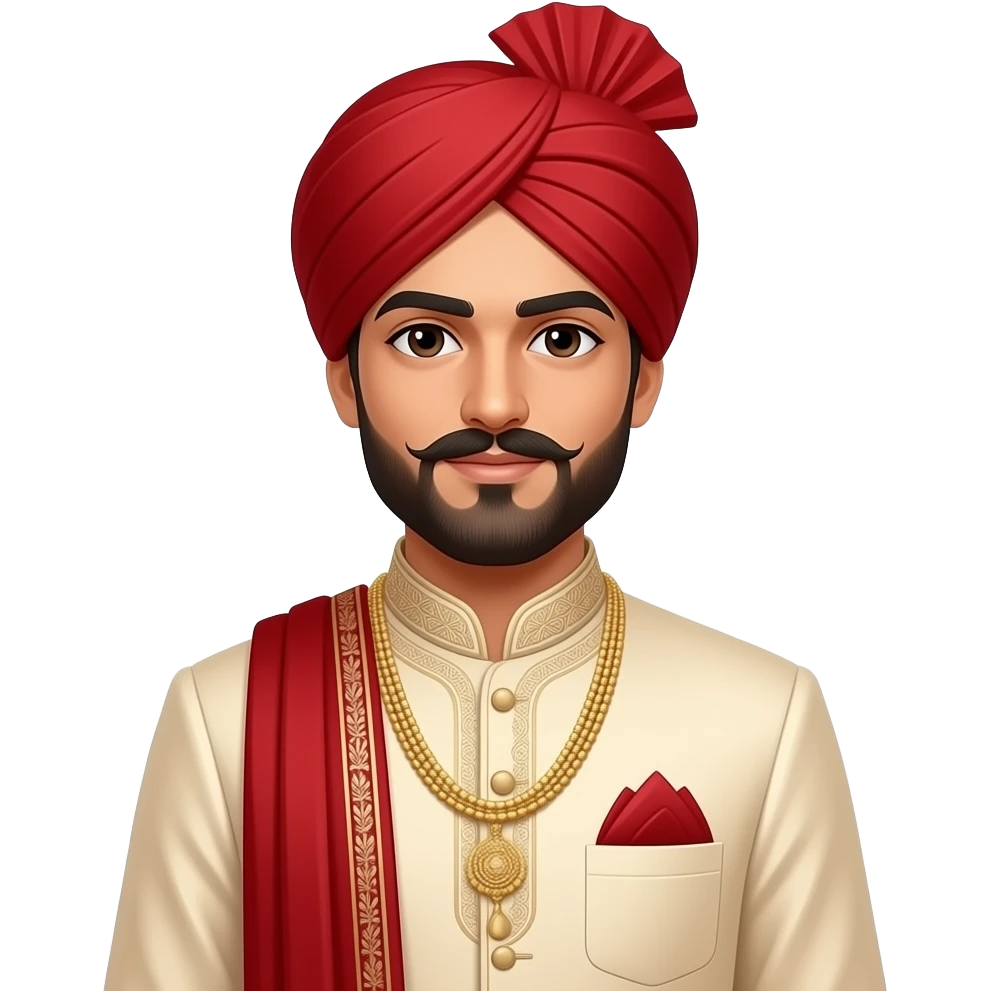A south Asian Pakistani groom with a long beard and short moustache and cream sherwani. The headwear and shawl should be red emoji