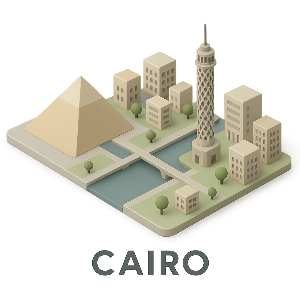 Isometric minimalistic illustration of Cairo, subtle 3D miniature effect and Tilt Shift effect, no cartoonish look, transparent background. emoji