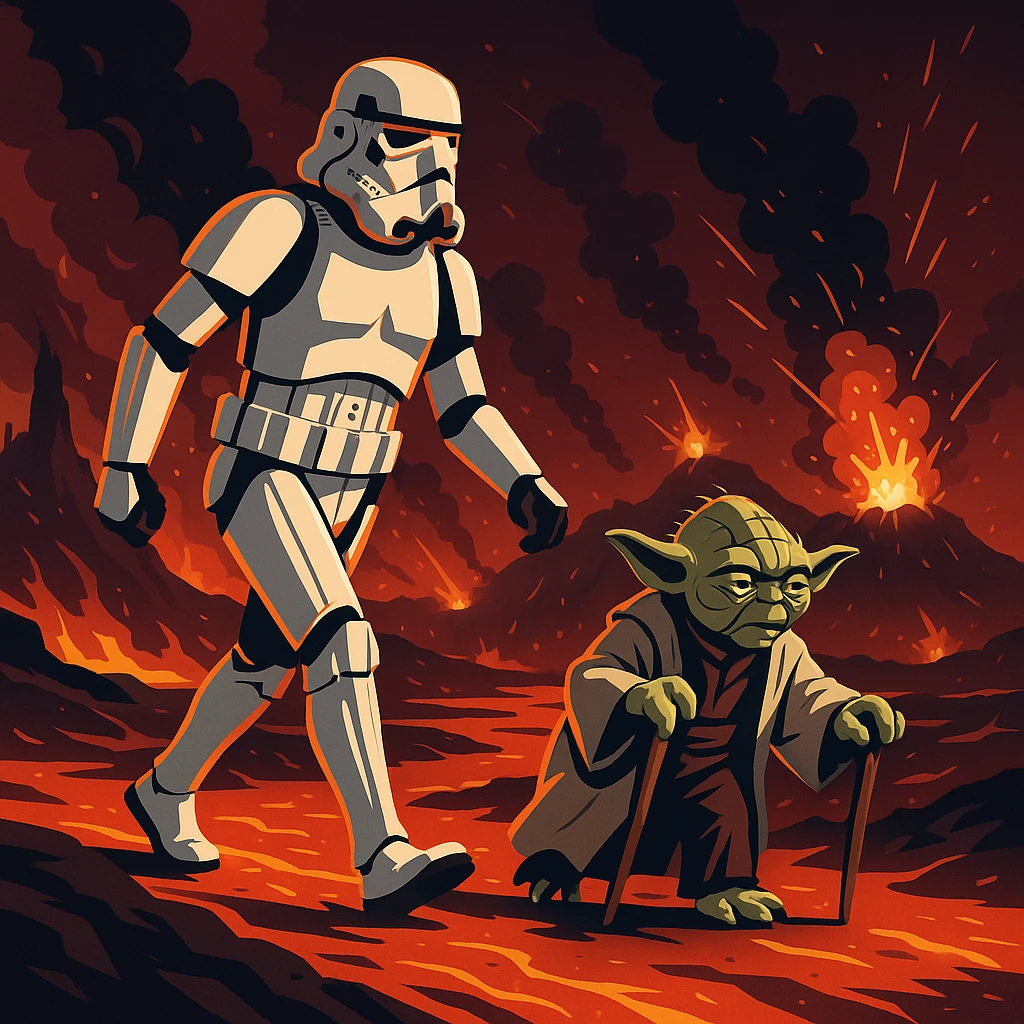 vector art of a Starwars stormtroopers is walking on lava planet with yoda, battleground background 
 emoji