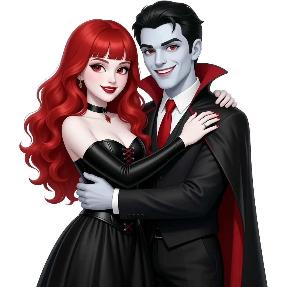 Vampiro femmina con pelle bianca capelli lunghi  rosso fuoco ondulati e la frangetta che indossa una vestito stretto in vita e largo sotto nero con maniche lunghe e anfibi che arrivano alle ginocchia che sta abbracciando un altro vampiro maschio sorridendo emoji
