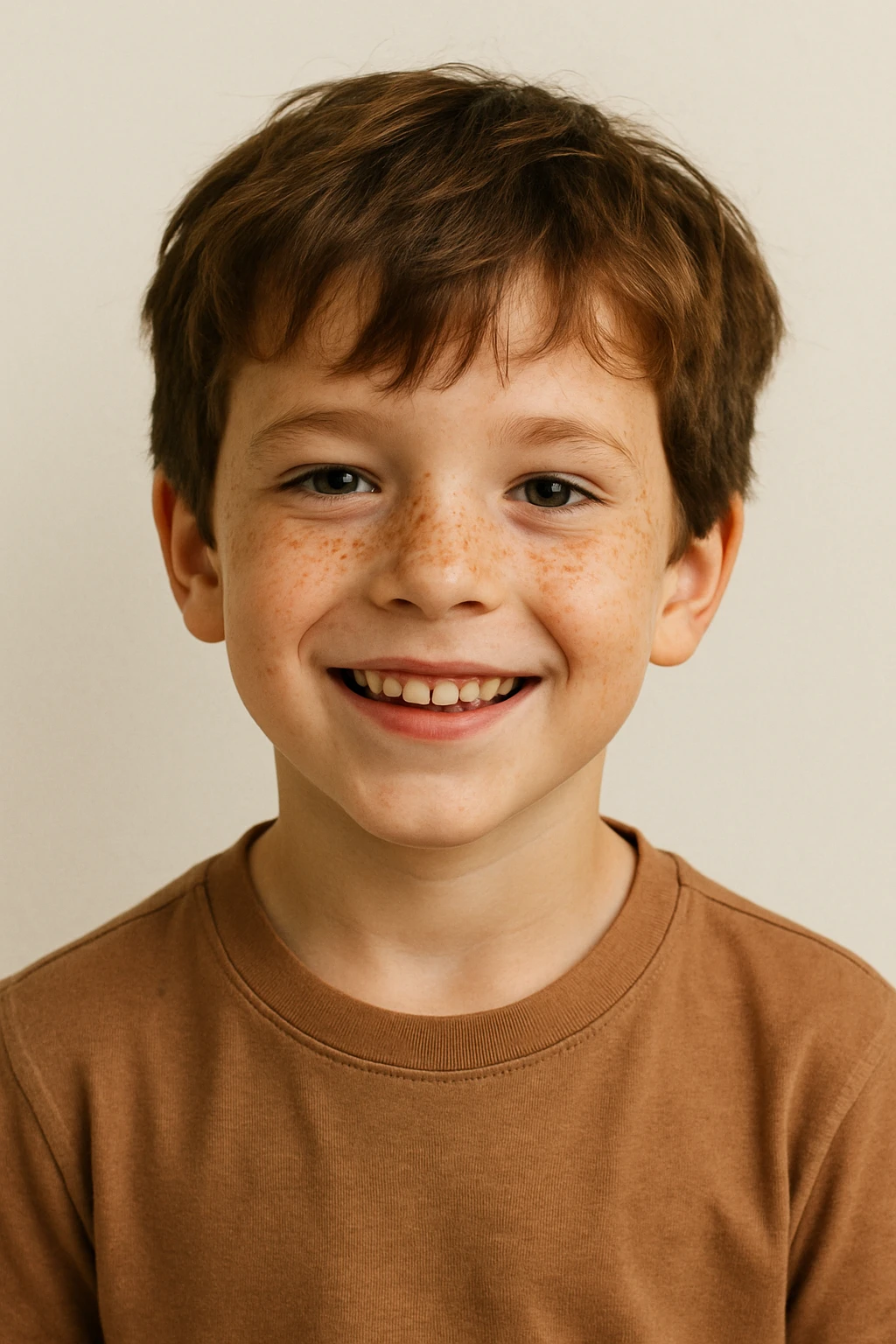 young boy with brown hair and freckles, smiling, minimal background emoji