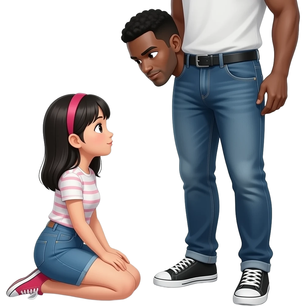 Asian girl kneeling before a black guy showing his penis emoji
