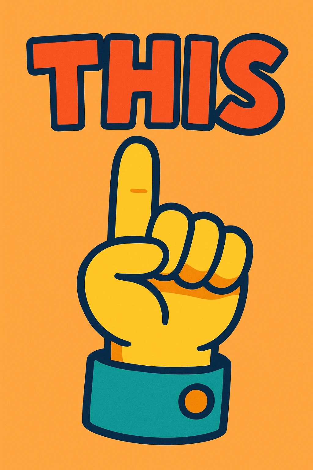 hand pointing up with the word THIS, fun and colorful, cartoon style emoji