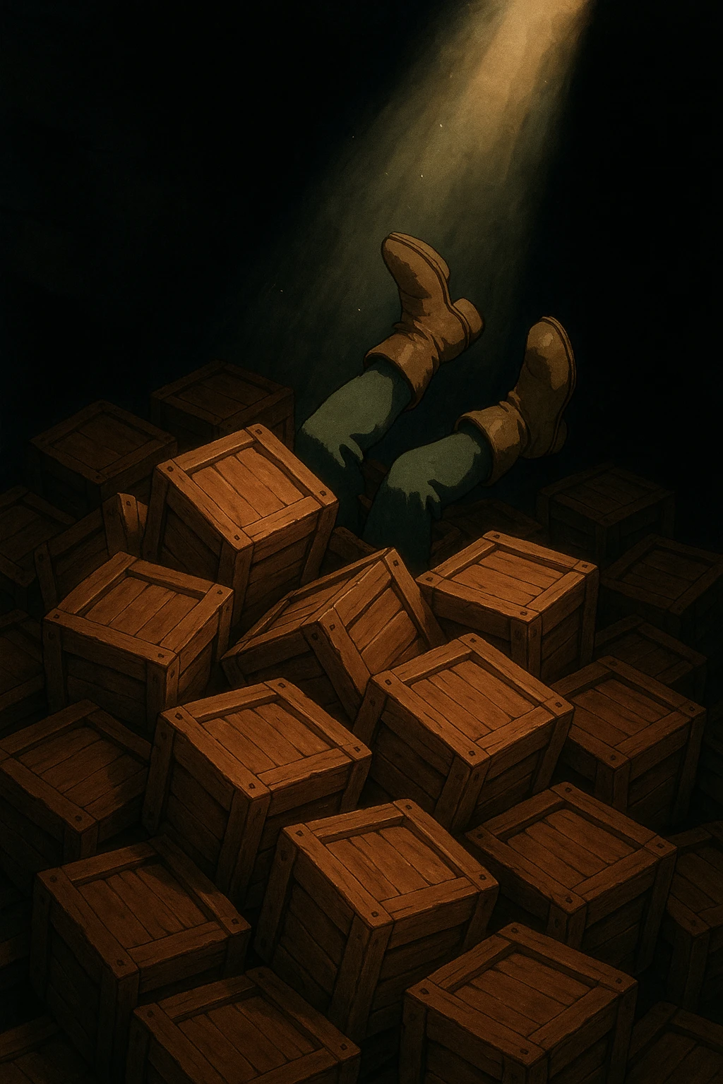A pile of small oblong crates hidden in a dark area with a beam of light shining from above, with someone’s boots sticking out like they dove in emoji