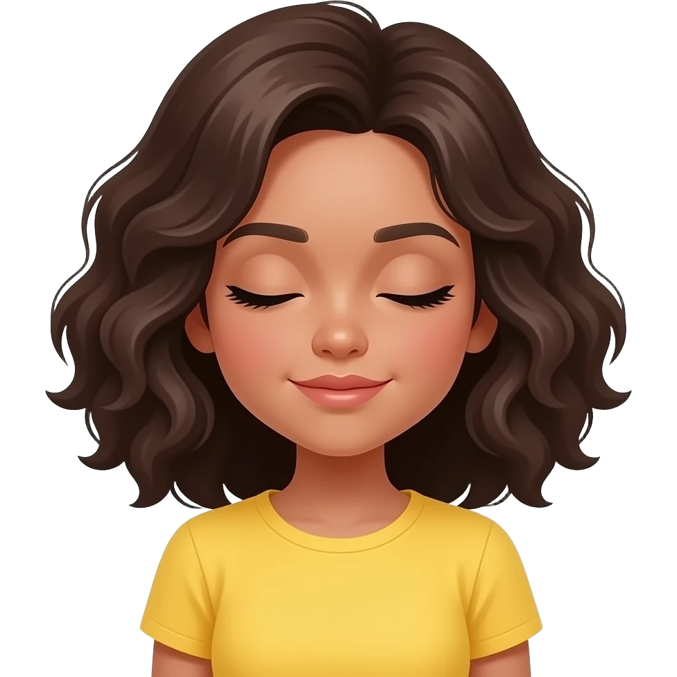 fluffy hairs girl with close eyes change her shirt color into yellow and hairs dark brown emoji