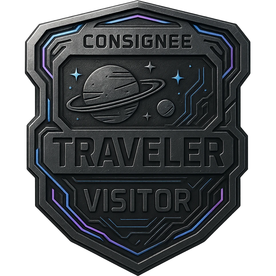 a metal insignia badge for a consignee traveler visitor, space scifi-futuristic cyberpunk futurepunk emoji